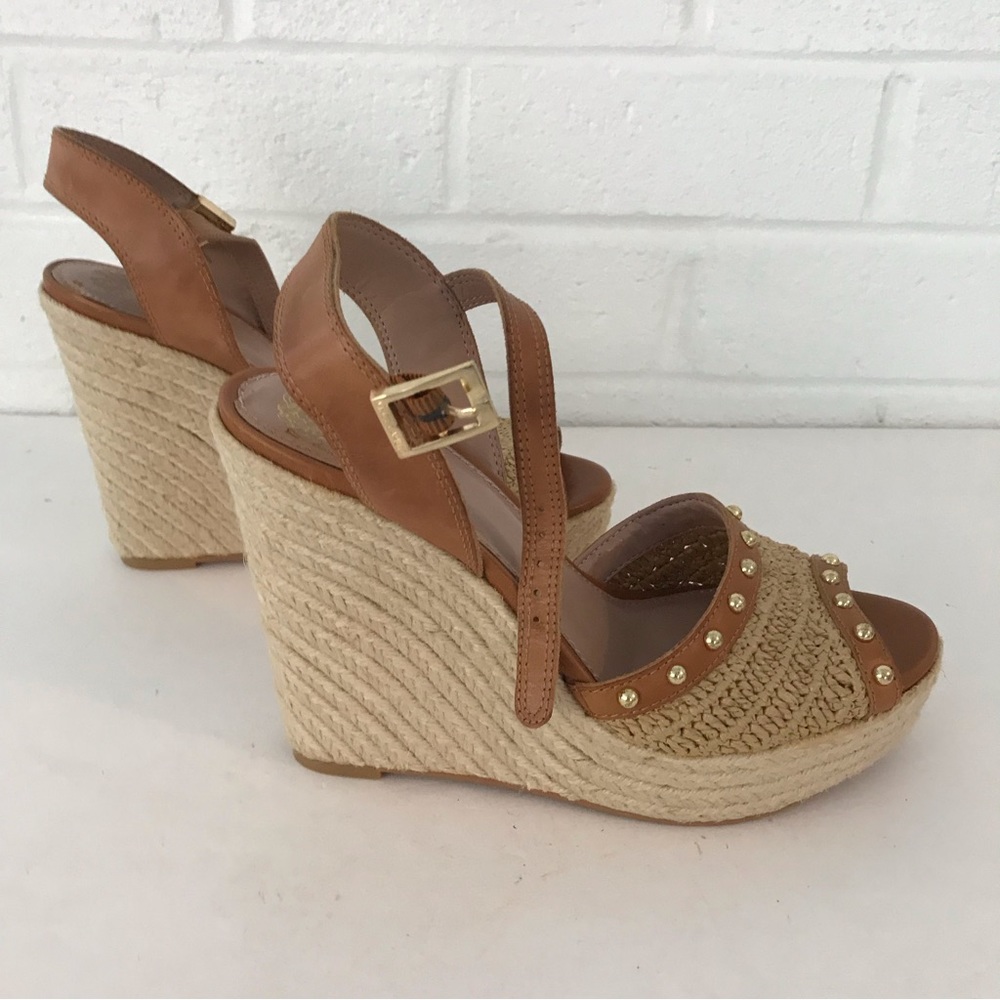 Vince Camuto Peep Toe Rope Heel Wedge Slingback Platform Sandals Gold Studs Sz 6